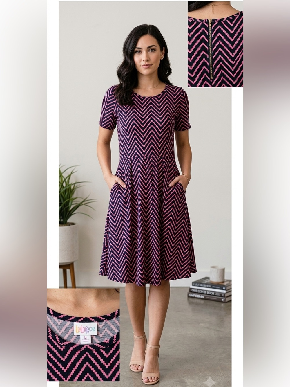 LuLaRoe Amelia Short Sleeve Chevron Fit-and-Flare Dress in Pink and Black